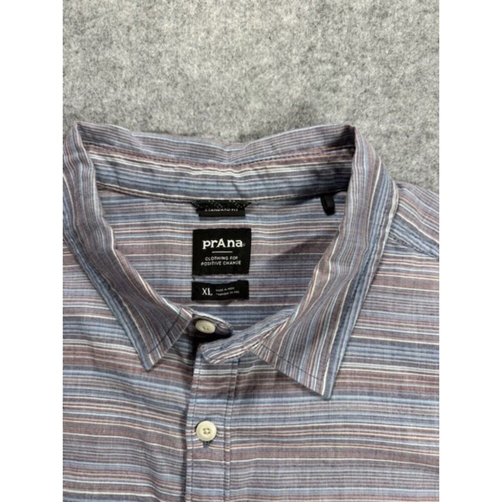 prAna Men's XL Organic Cotton Striped Short Sleeve Button Up Shirt Blue - Picture 7 of 7